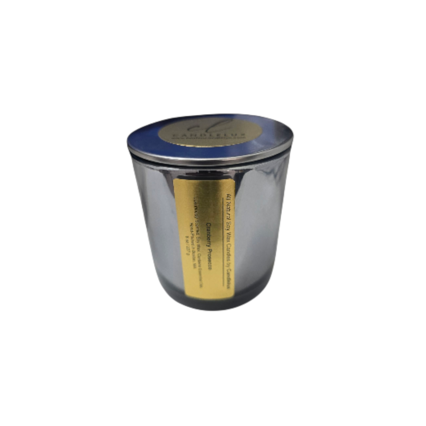 Cranberry Prosecco candle in a mirrored silver vessel with a gold label by CandleLux on a white background.