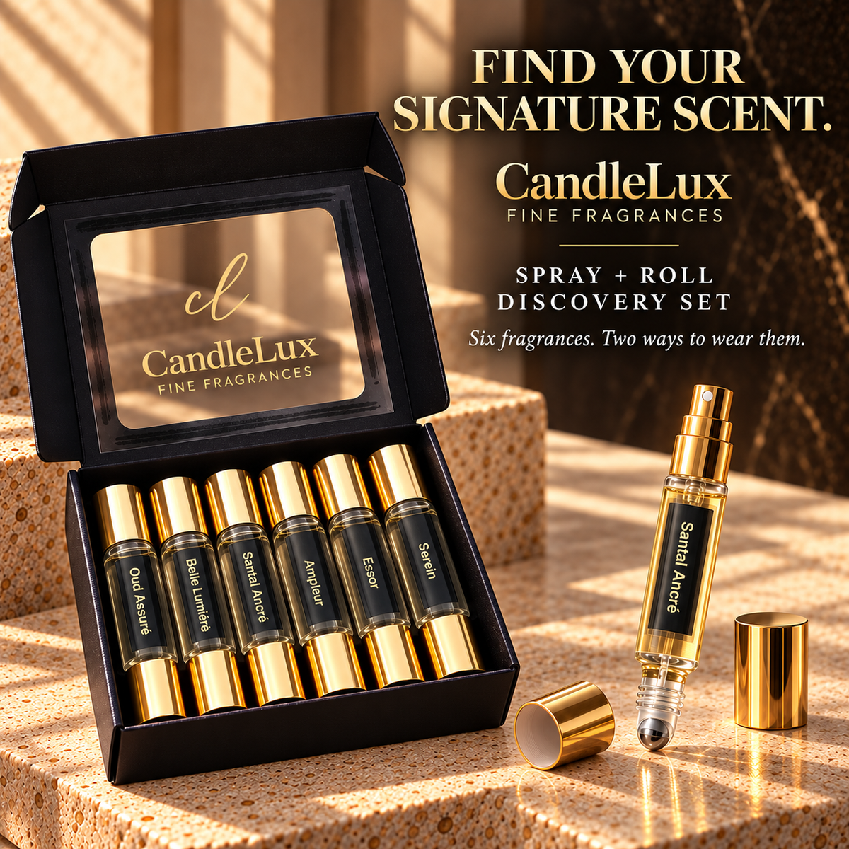 Find Your Signature Scent CandleLux discovery set with spray and roller demonstration