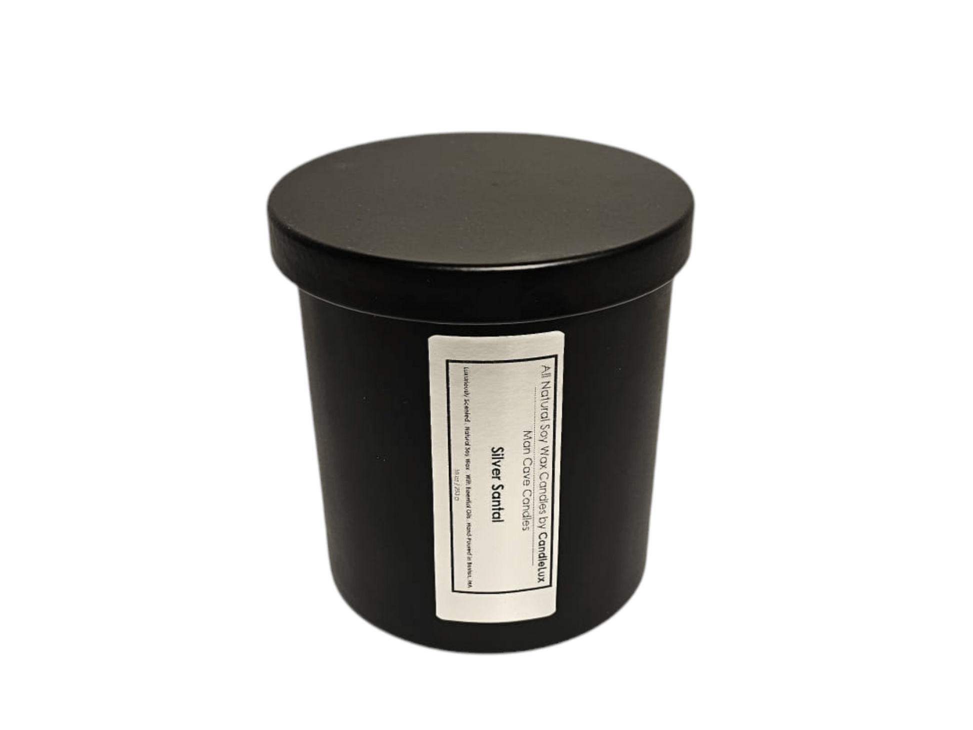 Eco - friendly Man Cave Candles in a 10oz matte black vessel and black top with a silver label going vertically.