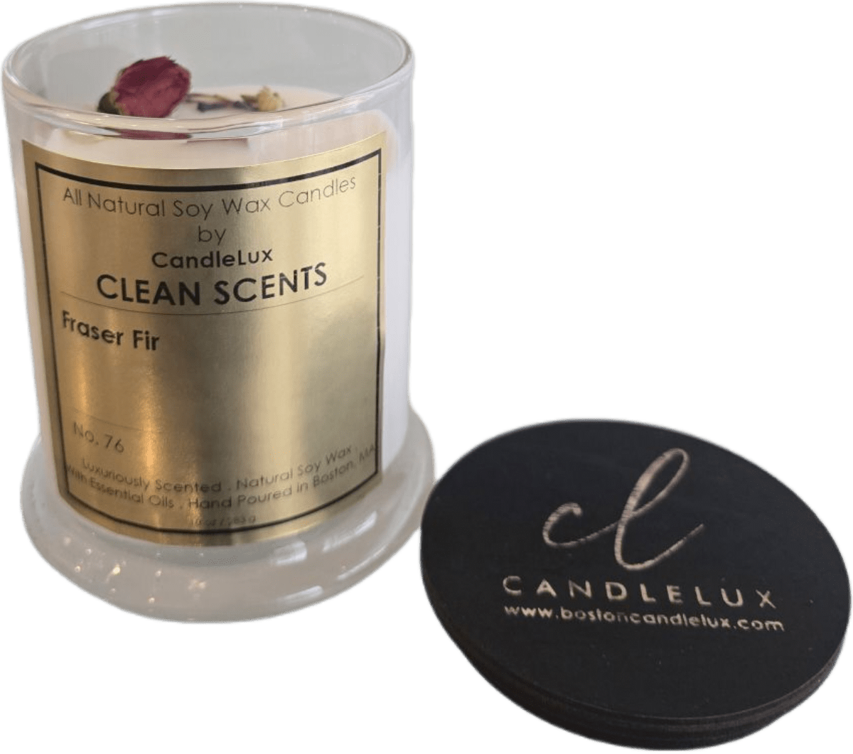 Picture of soy wax candle in a clear glass round vessel with a CandleLux Clean Scents Fraser Fir gold foil label on the front.