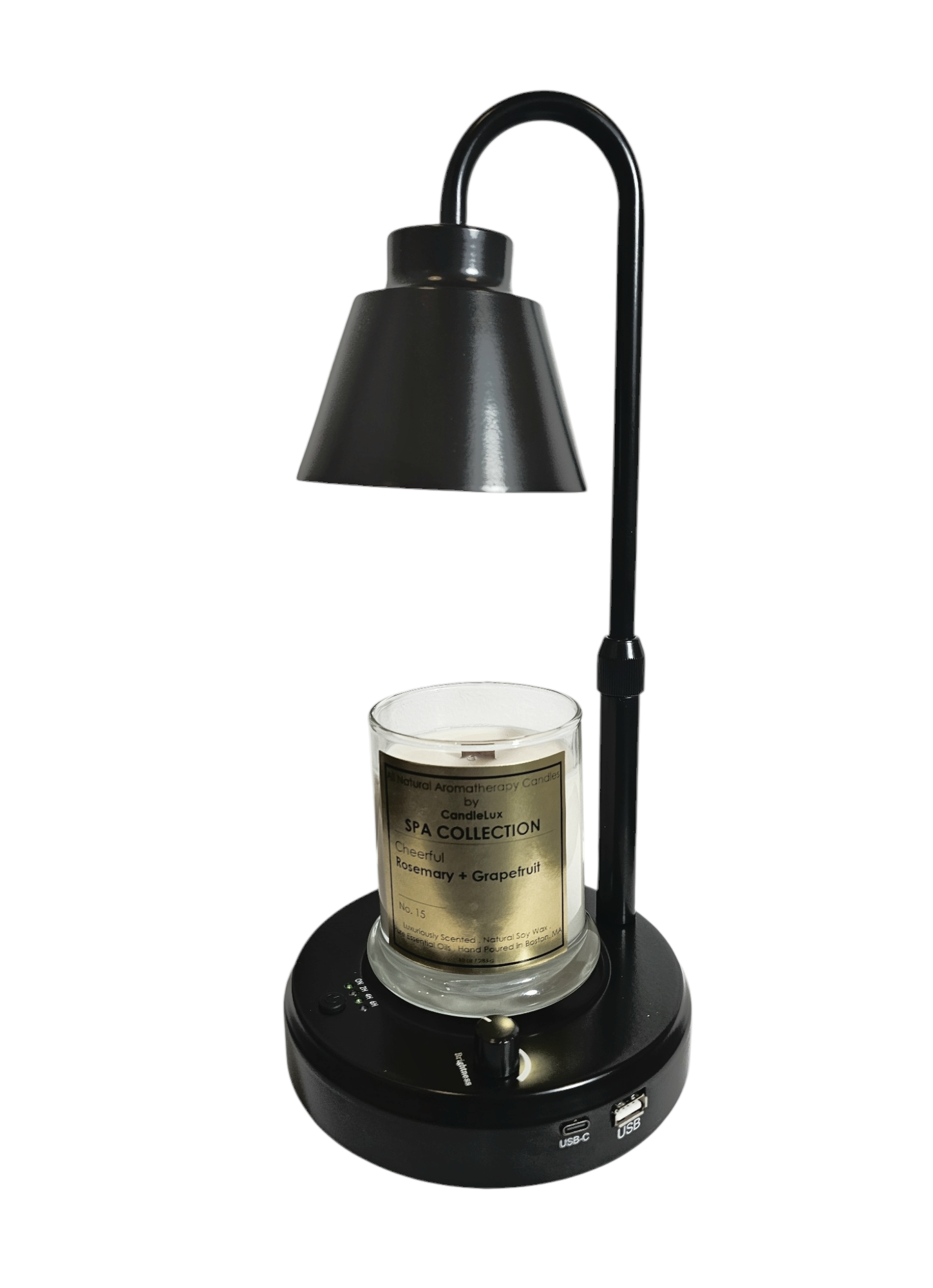 Black metal candle warmer lamp with candle under the lamp shade where warmer light shines on candle.