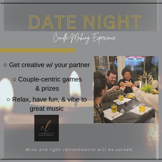 Poster for CandleLux Date Night Candle-Making Experience with couples enjoying making candles.