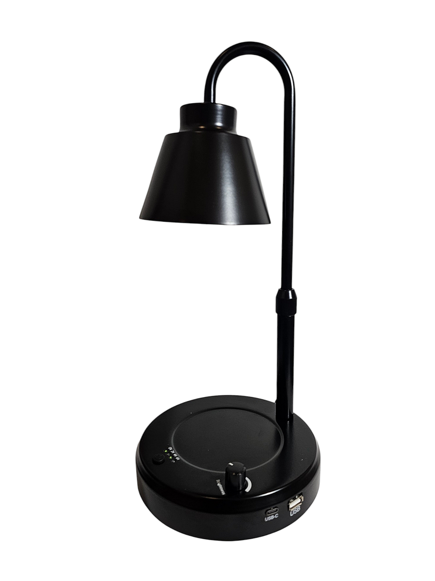 Black metal candle warmer lamp without candle under the lamp shade where warmer light shines on candle.