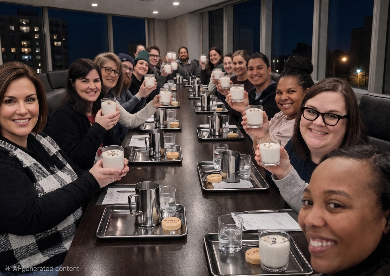 A corporate team-building experience workshop in a conference room.Teamholding their finished candles. 