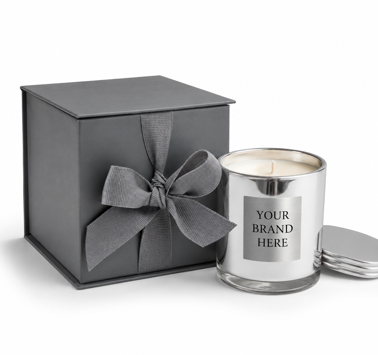 Platinum vessel  soy candle and charcoal gray gift box for custom corporate and private label gifting.