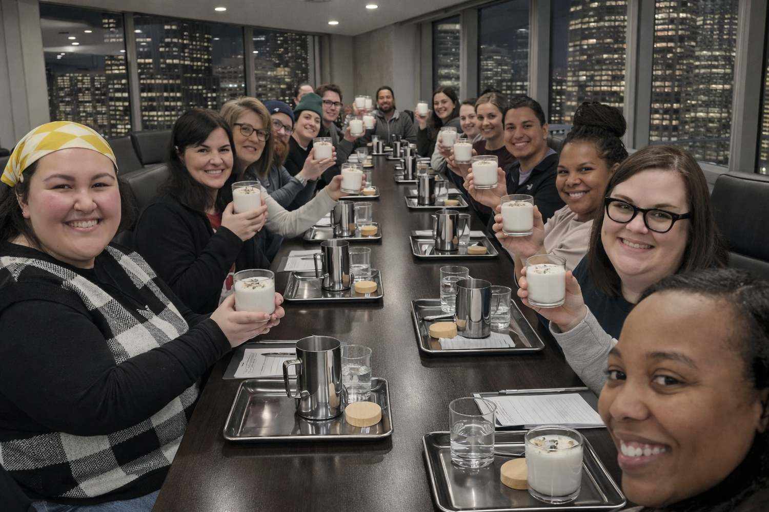 Corporate team-building candle workshop in a modern city conference room, with a diverse group seated around a long table holding white candles in glass jars, and stainless steel trays, pitchers, and materials neatly arranged on placemats.