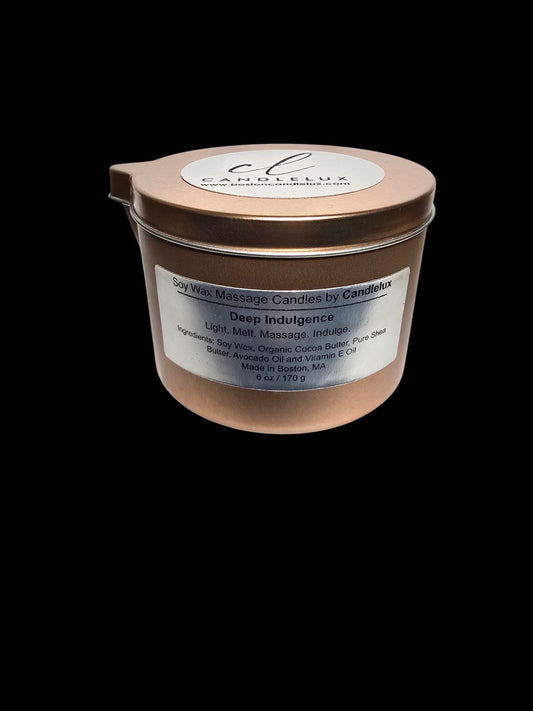 6oz CandleLux Deep Indulgence luxury massage candle in a rose-gold travel candle tin with pour spout.