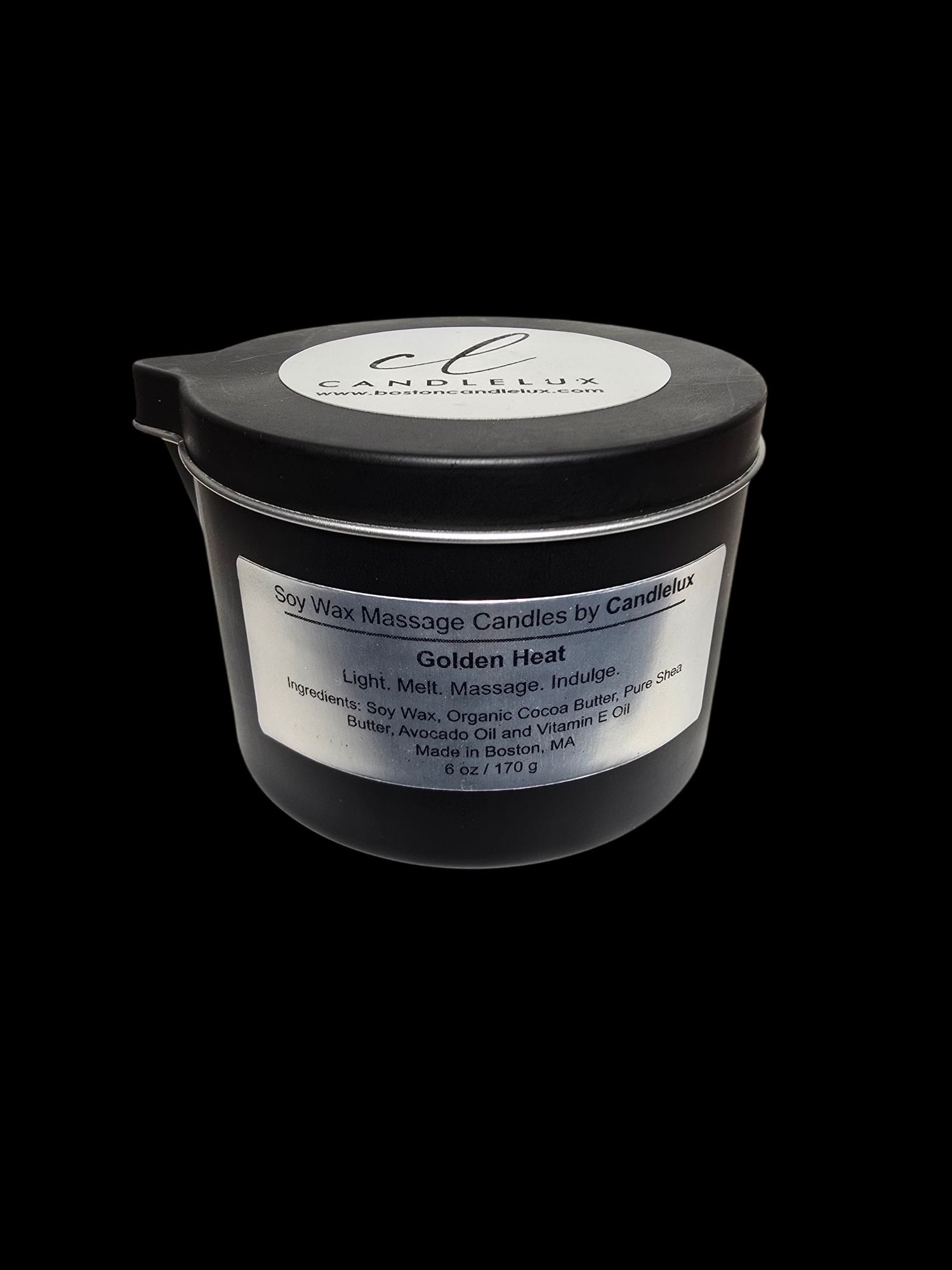 6oz CandleLux Golden Heat luxury massage candle in a black travel candle tin with pour spout.