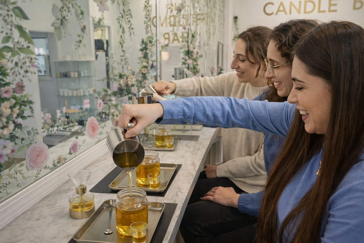Guests pouring wax during a luxury candle-making experience at CandleLux, on Newbury Street in Boston, creating custom candles using clean, non-toxic ingredients in a warm, hands-on studio setting
