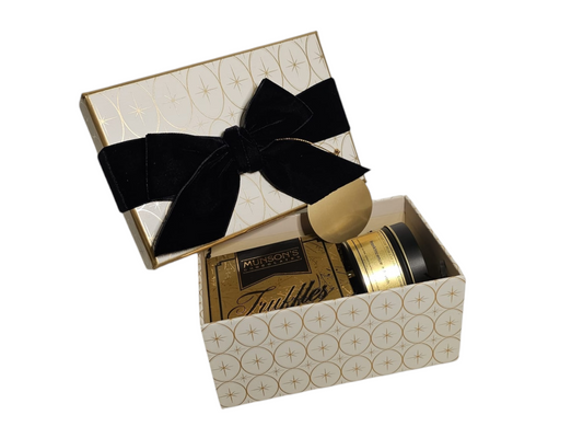 2 piece boxed gift set with a box of chocolates and an 8oz black tin soy wax candle by CandleLux.