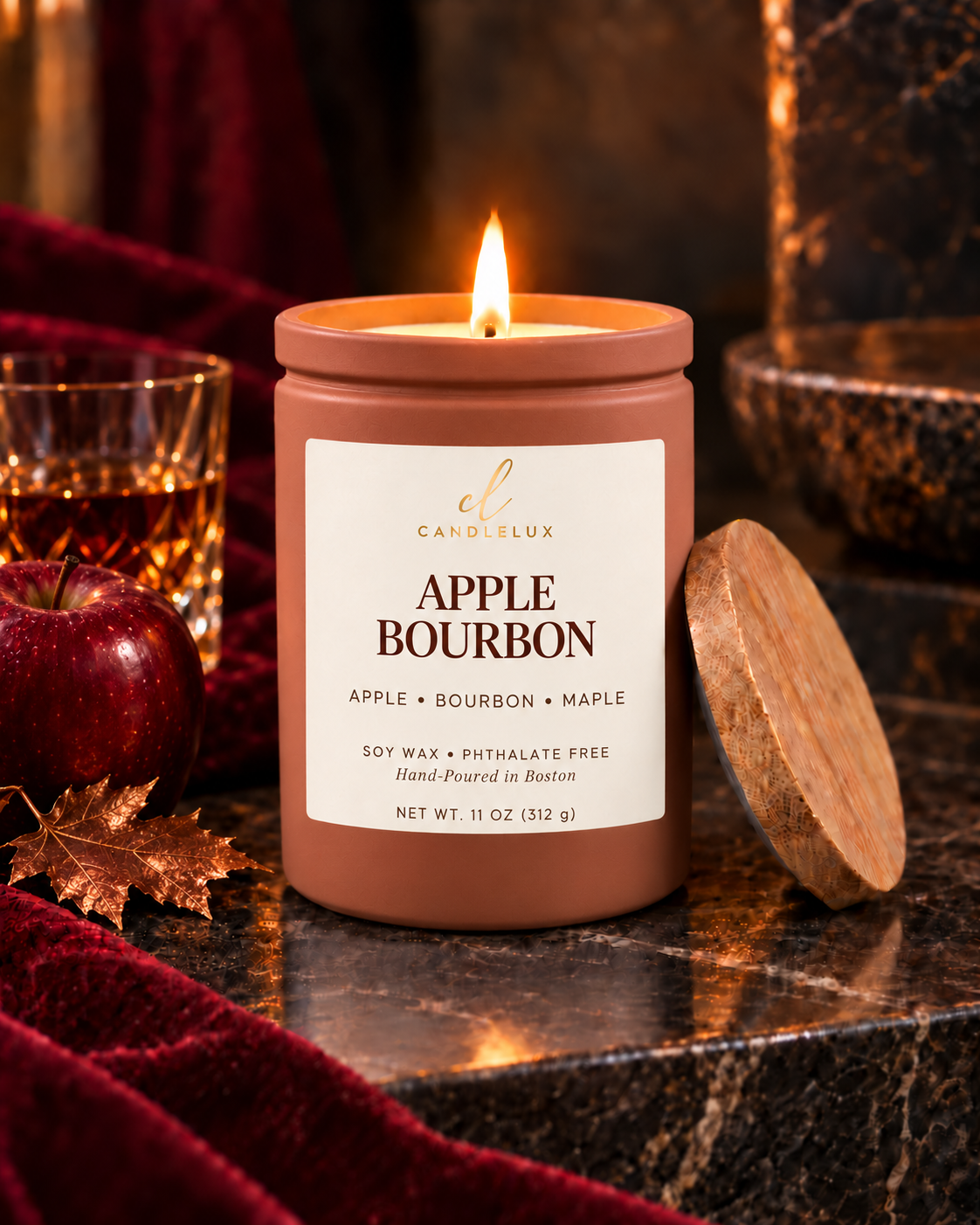Apple Bourbon CandleLux soy candle in orange glass 11-ounce vessel