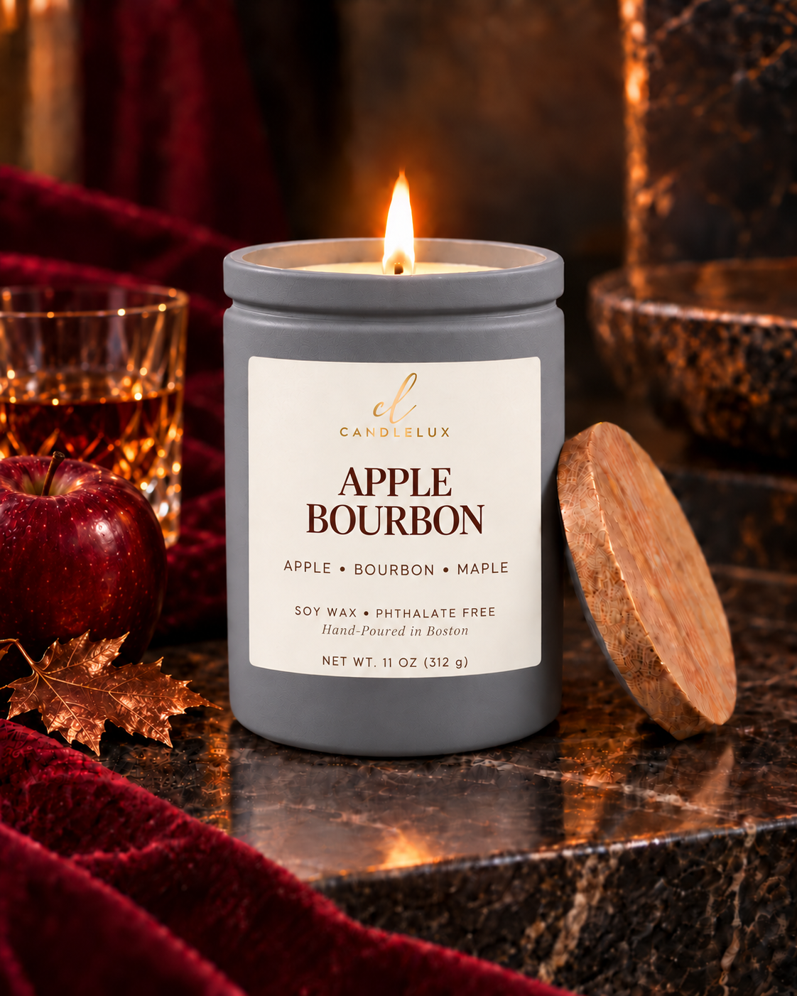 Apple Bourbon CandleLux candle in gray 11-ounce glass vessel