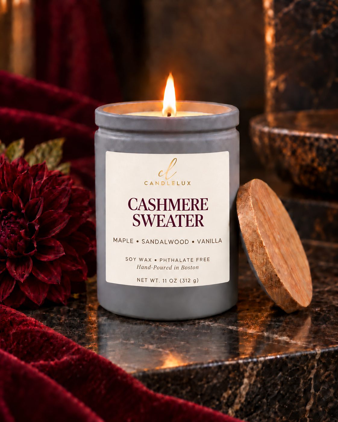 Cashmere Sweater CandleLux soy candle in gray 11-ounce vessel