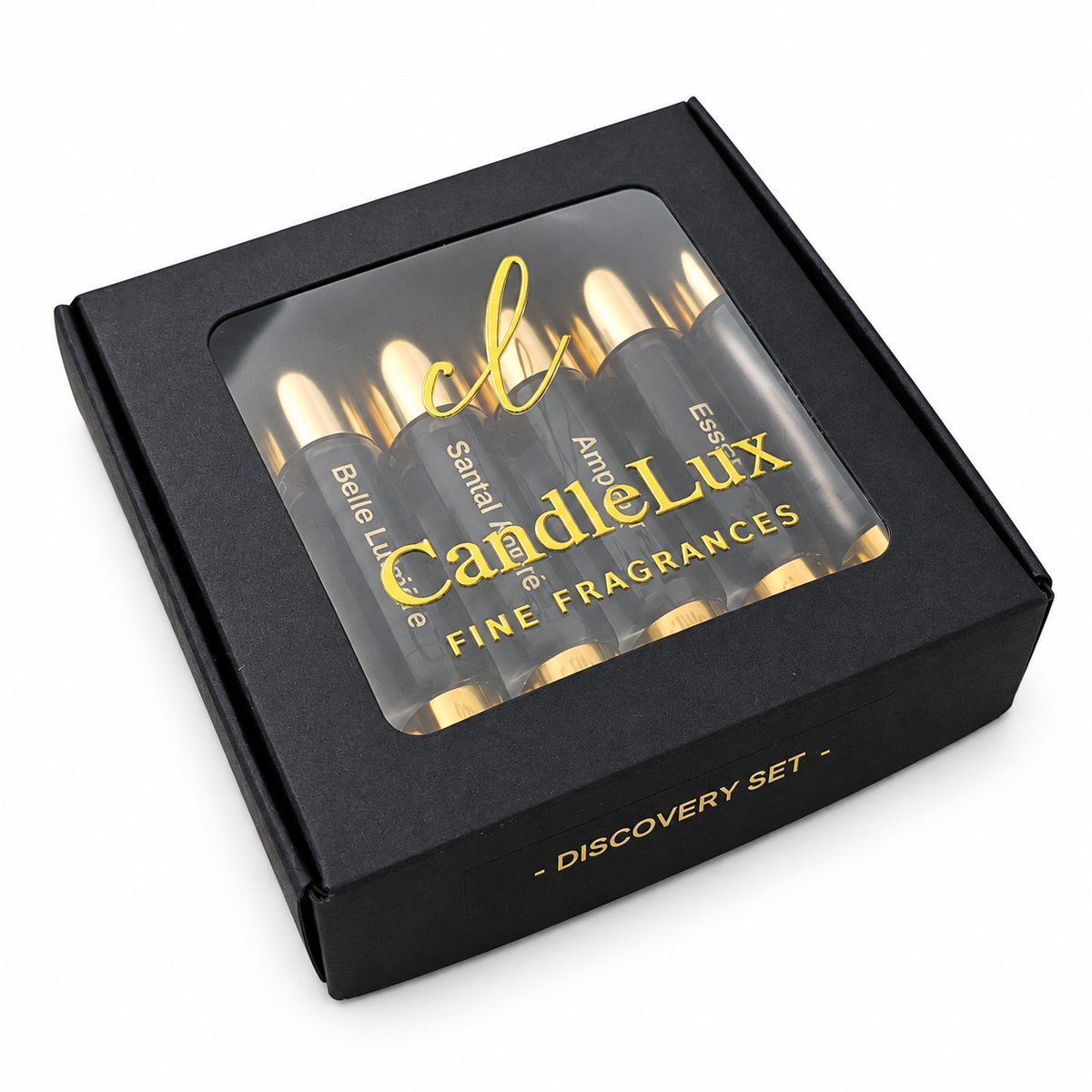 CandleLux discovery set closed black and gold presentation box on white