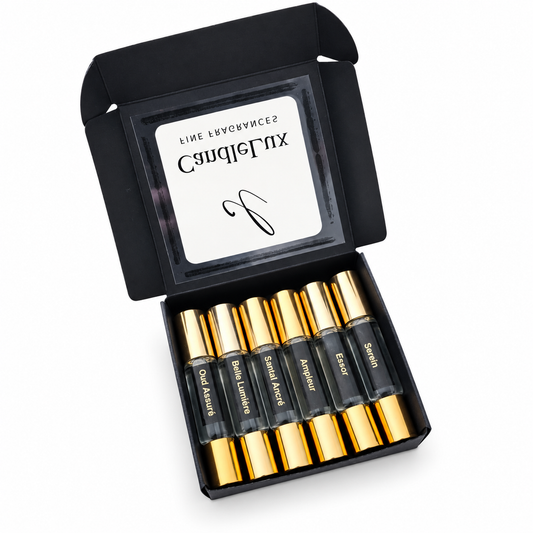 CandleLux discovery set open on white with six named spray and roller fragrances