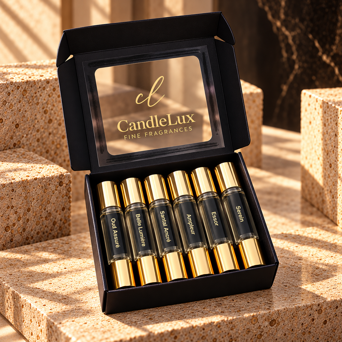 Six labeled CandleLux fine fragrances in an open black box on warm stone